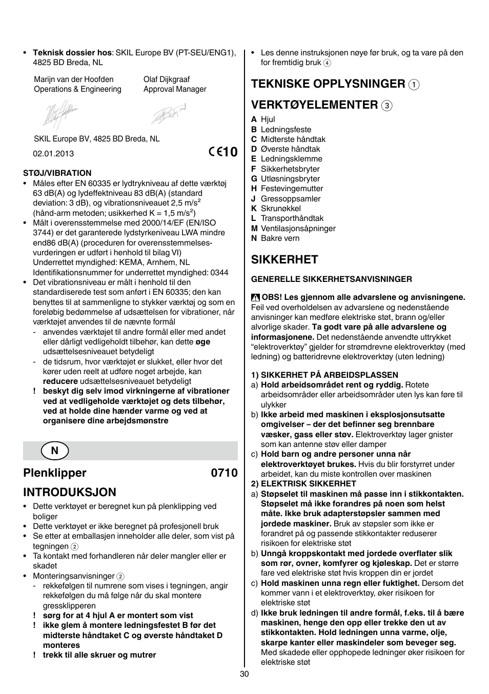 Plenklipper 0710 introduksjon, Tekniske opplysninger 1 verktøyelementer 3, Sikkerhet | Skil 0710 RT User Manual | Page 30 / 136