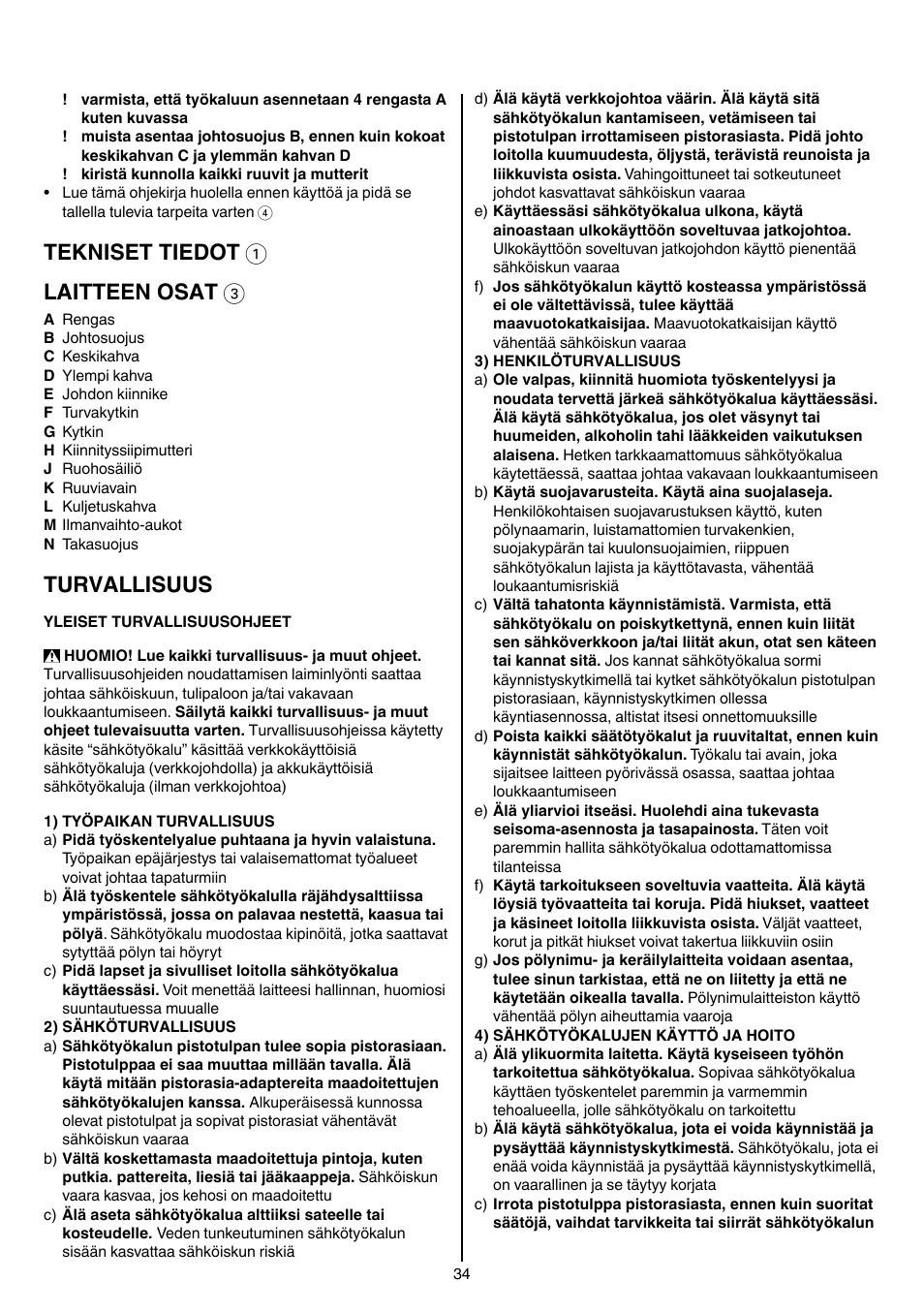 Tekniset tiedot 1 laitteen osat 3, Turvallisuus | Skil 0710 RT User Manual | Page 34 / 136
