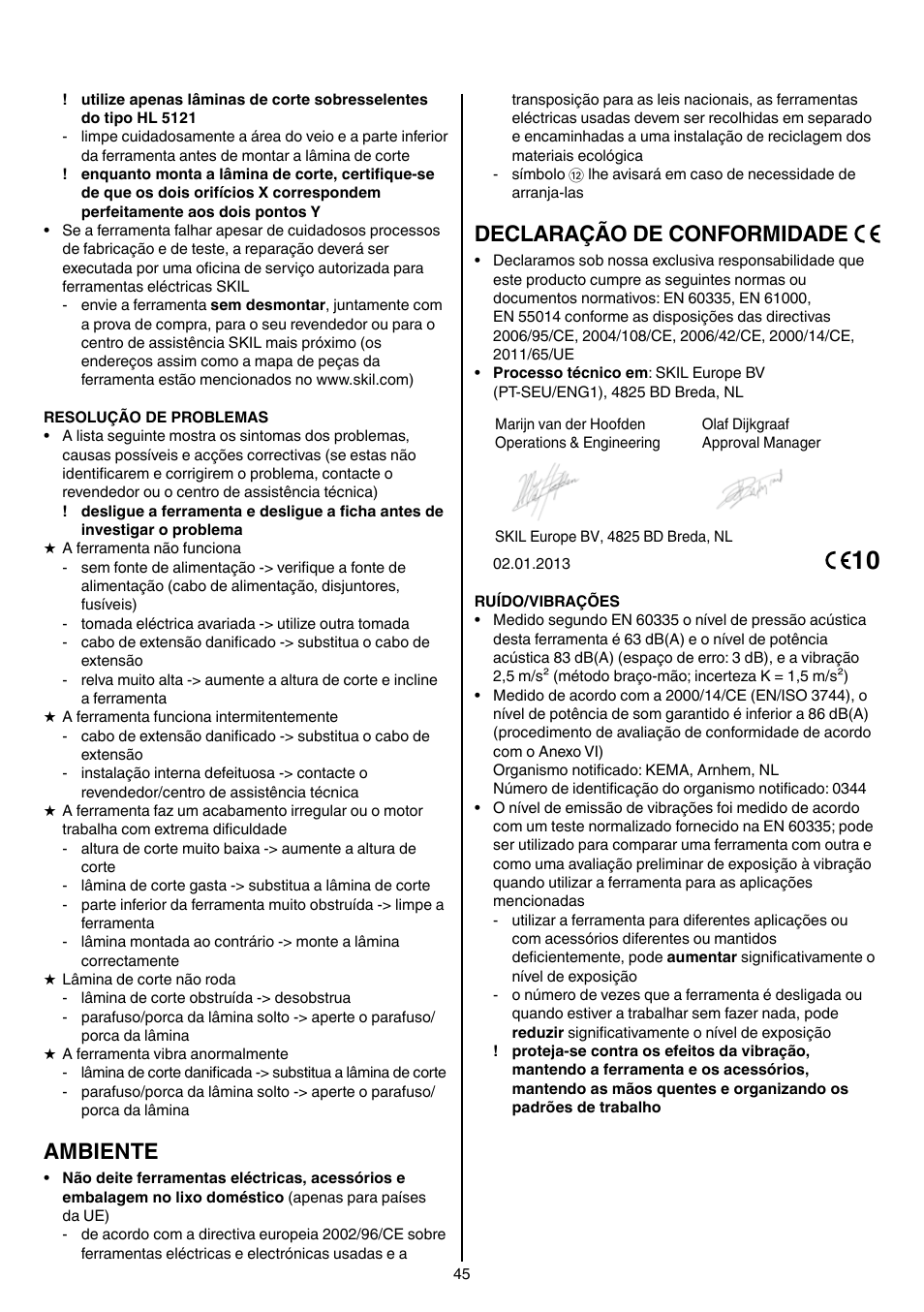 Ambiente, Declaração de conformidade | Skil 0710 RT User Manual | Page 45 / 136