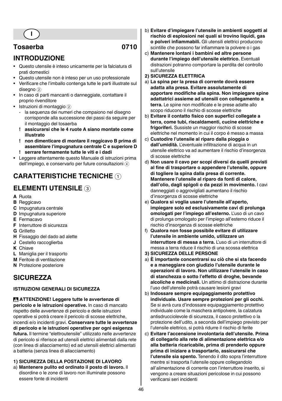 Tosaerba 0710 introduzione, Caratteristiche tecniche 1 elementi utensile 3, Sicurezza | Skil 0710 RT User Manual | Page 46 / 136