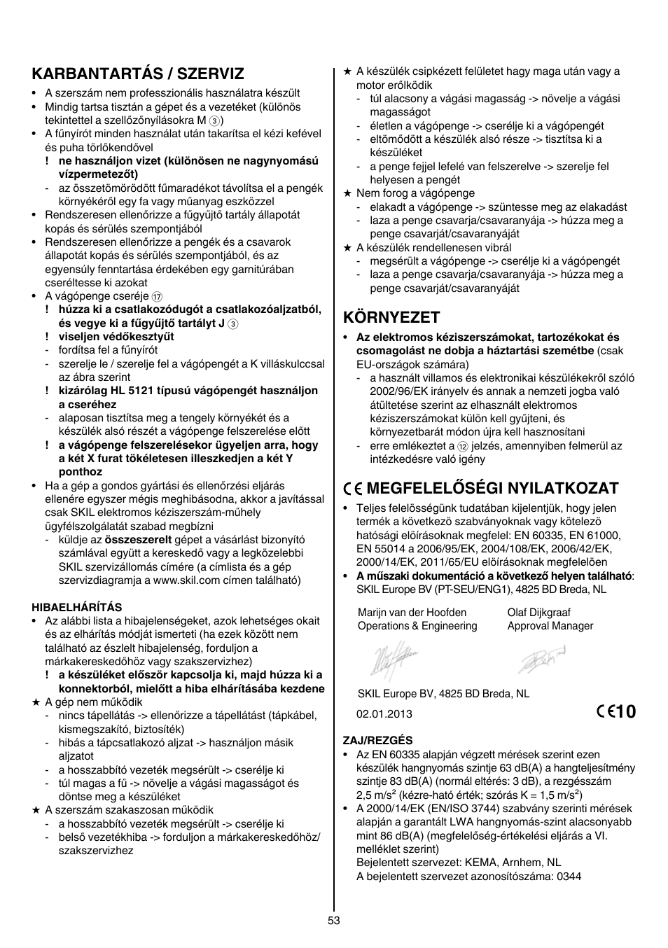 Karbantartás / szerviz, Környezet, Megfelelőségi nyilatkozat | Skil 0710 RT User Manual | Page 53 / 136