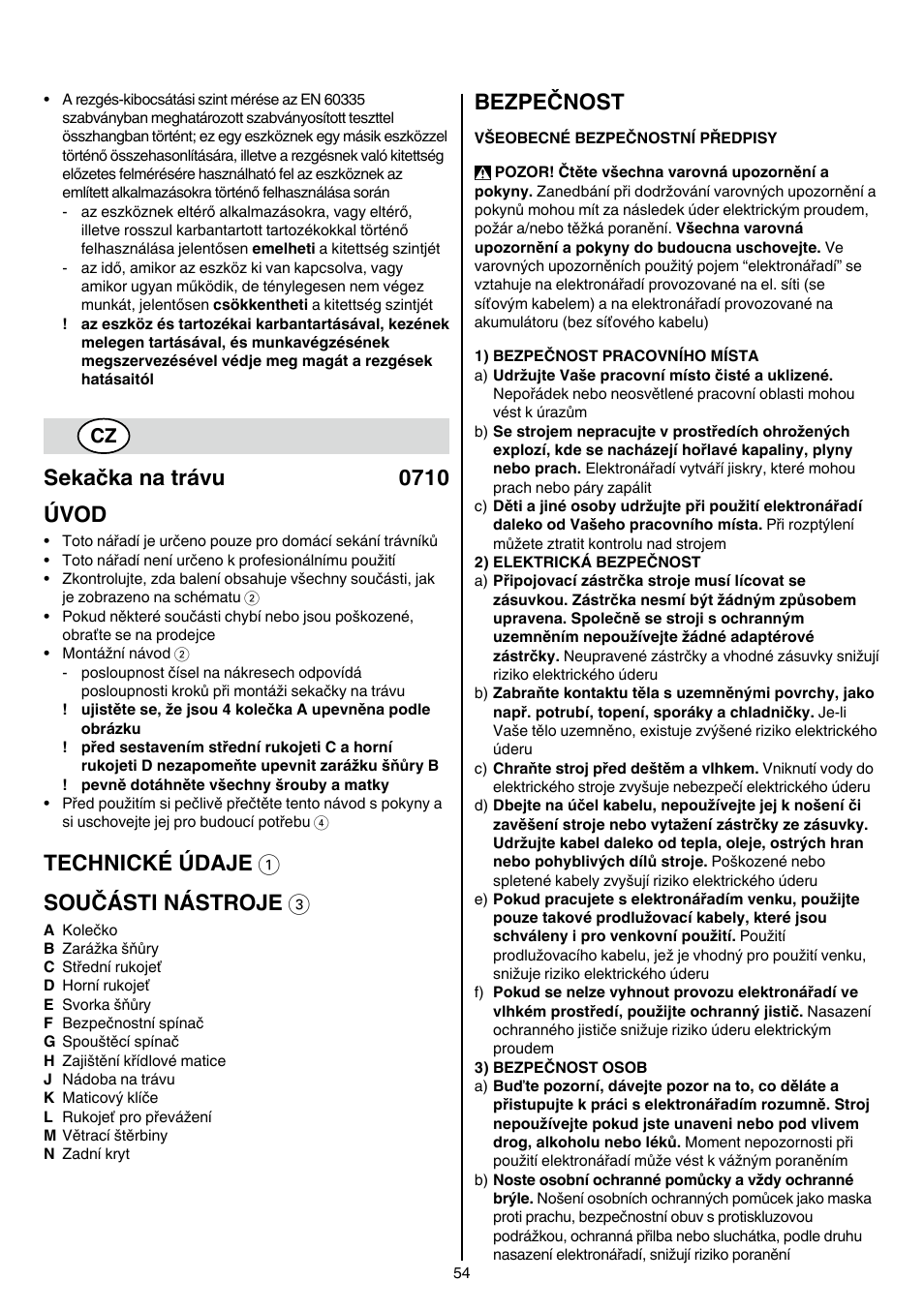 Sekačka na trávu 0710 úvod, Technické údaje 1 součásti nástroje 3, Bezpečnost | Skil 0710 RT User Manual | Page 54 / 136