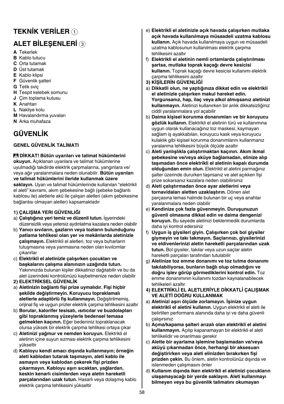 Teknik veriler 1 alet bileşenleri 3, Güvenlik | Skil 0710 RT User Manual | Page 58 / 136