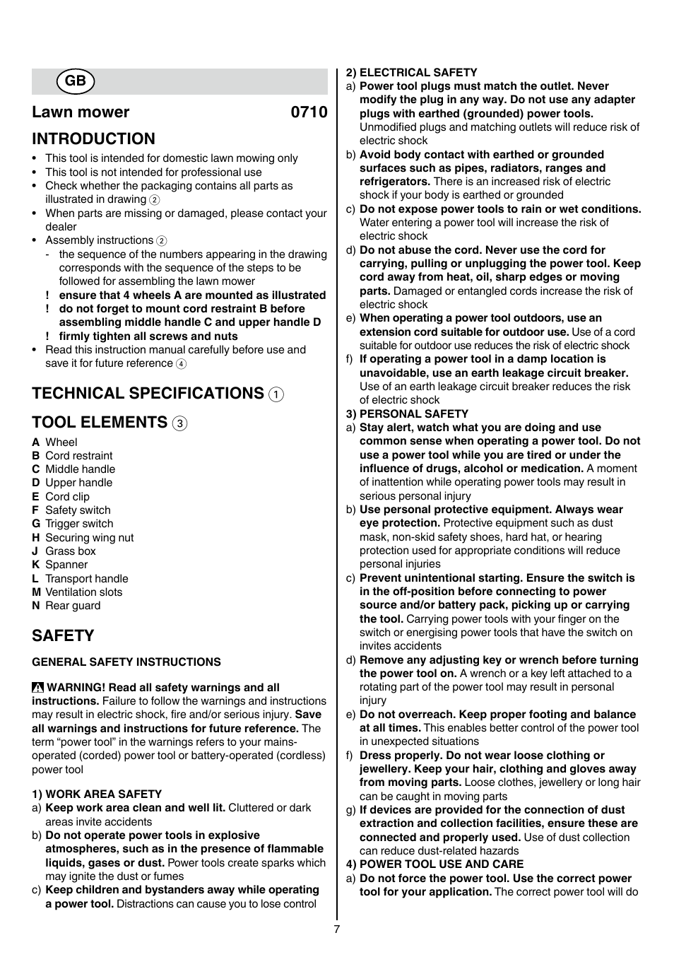 Lawn mower 0710 introduction, Technical specifications 1 tool elements 3, Safety | Skil 0710 RT User Manual | Page 7 / 136