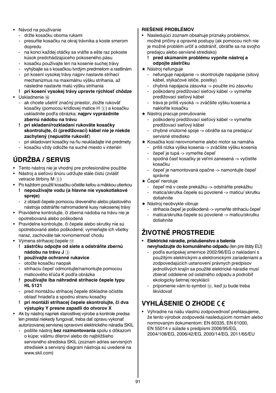 Údržba / servis, Životné prostredie, Vyhlásenie o zhode | Skil 0710 RT User Manual | Page 91 / 136