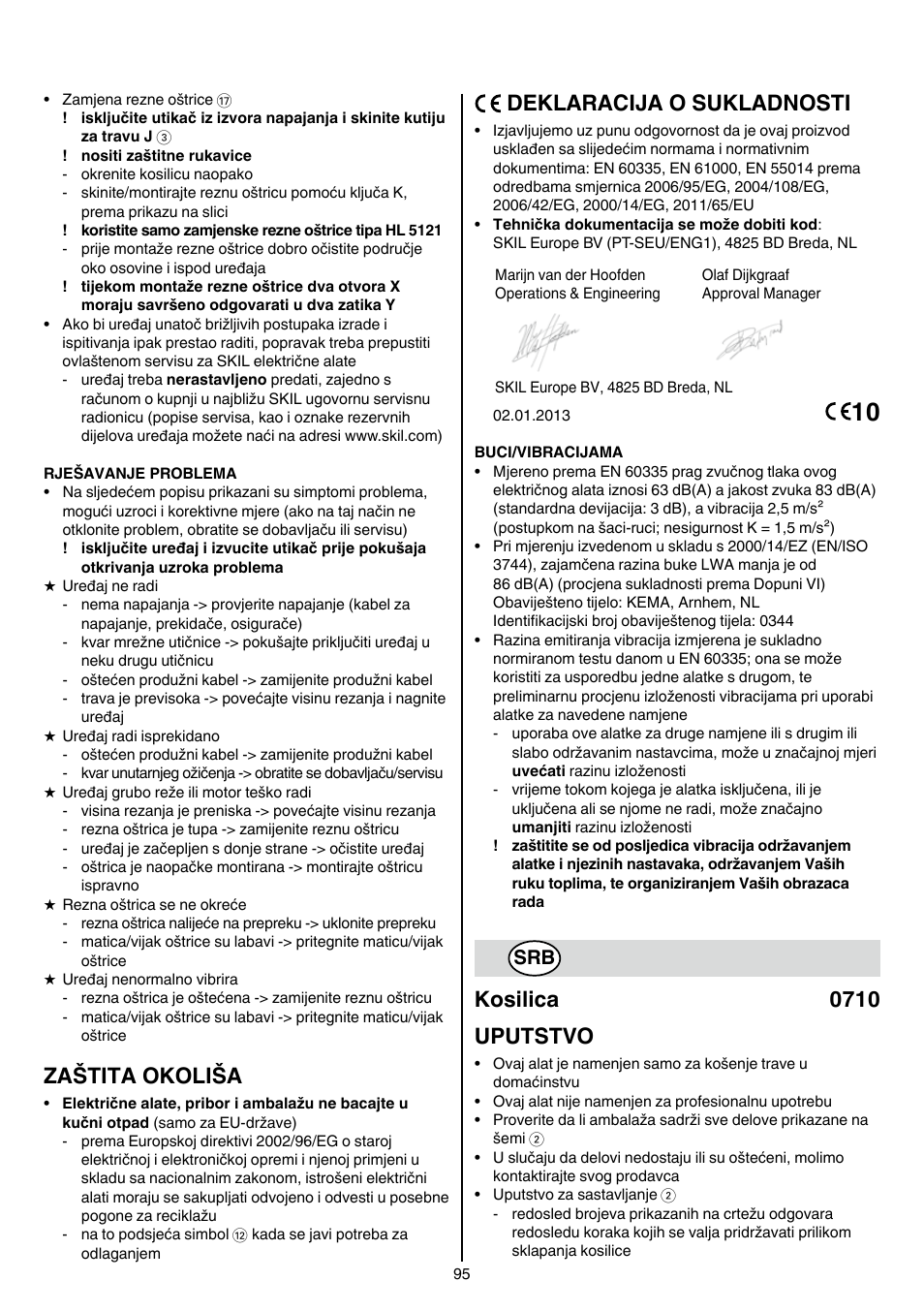 Zaštita okoliša, Deklaracija o sukladnosti, Kosilica 0710 uputstvo | Skil 0710 RT User Manual | Page 95 / 136