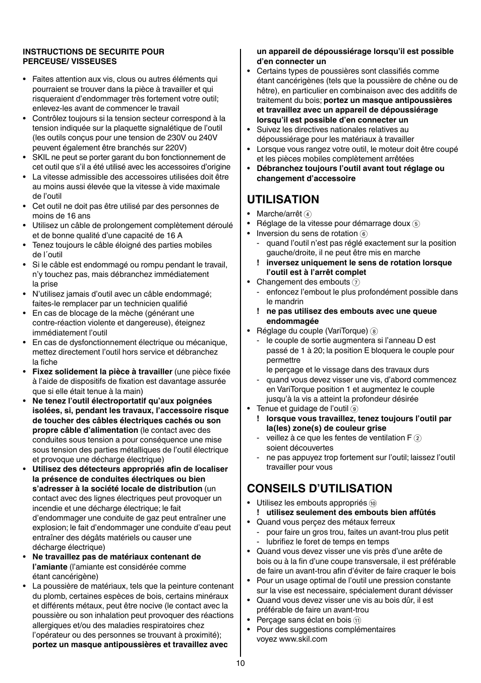 Utilisation, Conseils d’utilisation | Skil 6220 (F0156220 . . ) User Manual | Page 10 / 100