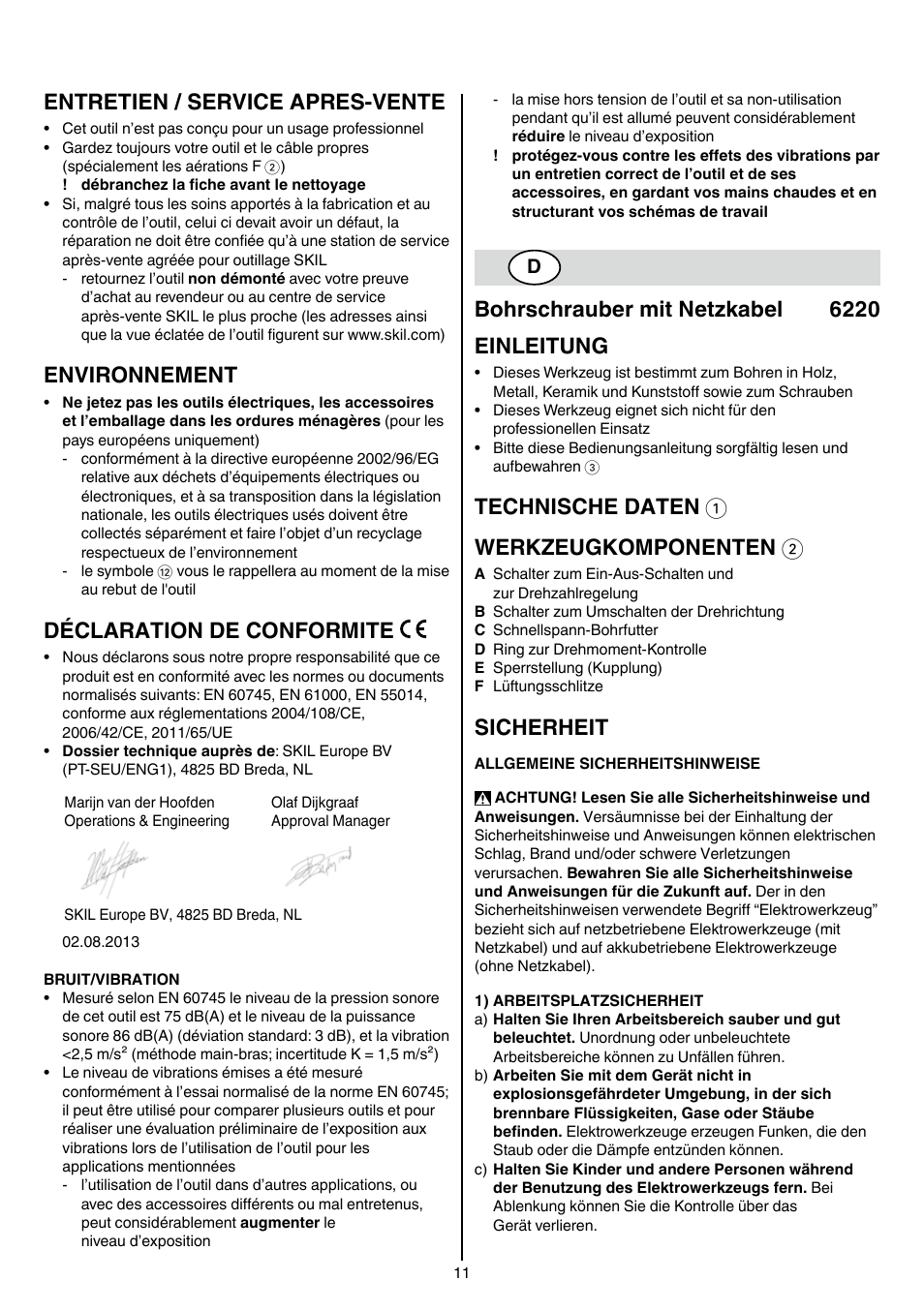 Entretien / service apres-vente, Environnement, Déclaration de conformite | Bohrschrauber mit netzkabel 6220 einleitung, Technische daten 1 werkzeugkomponenten 2, Sicherheit | Skil 6220 (F0156220 . . ) User Manual | Page 11 / 100