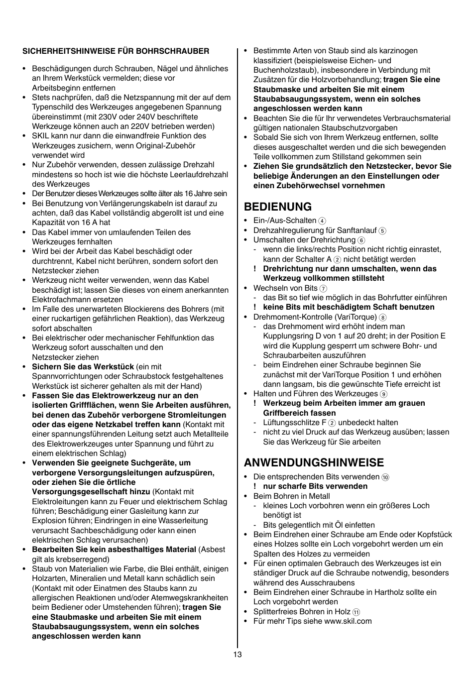 Bedienung, Anwendungshinweise | Skil 6220 (F0156220 . . ) User Manual | Page 13 / 100