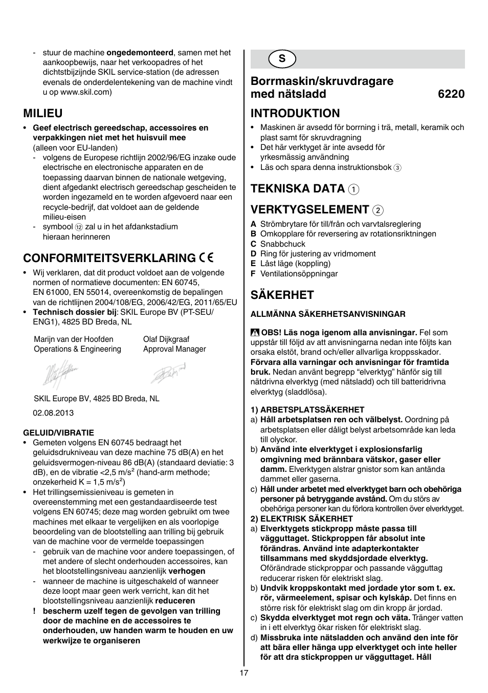 Milieu, Conformiteitsverklaring, Tekniska data 1 verktygselement 2 | Säkerhet | Skil 6220 (F0156220 . . ) User Manual | Page 17 / 100