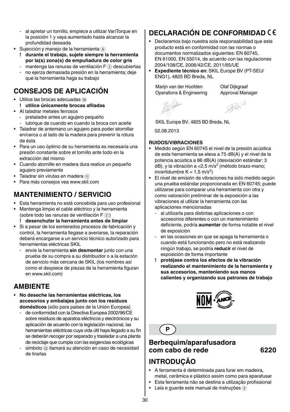 Consejos de aplicación, Mantenimiento / servicio, Ambiente | Declaración de conformidad | Skil 6220 (F0156220 . . ) User Manual | Page 30 / 100