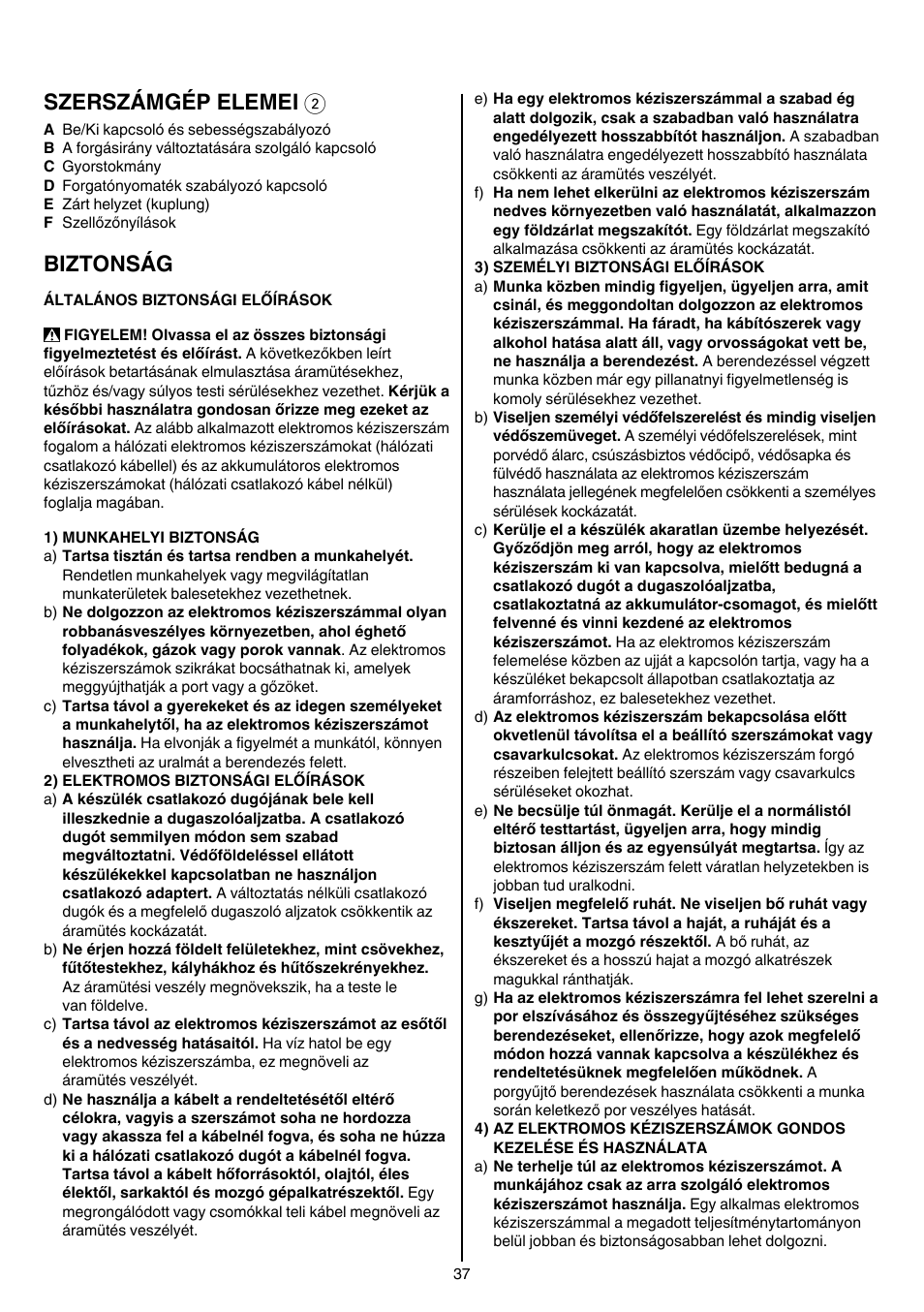 Szerszámgép elemei 2, Biztonság | Skil 6220 (F0156220 . . ) User Manual | Page 37 / 100