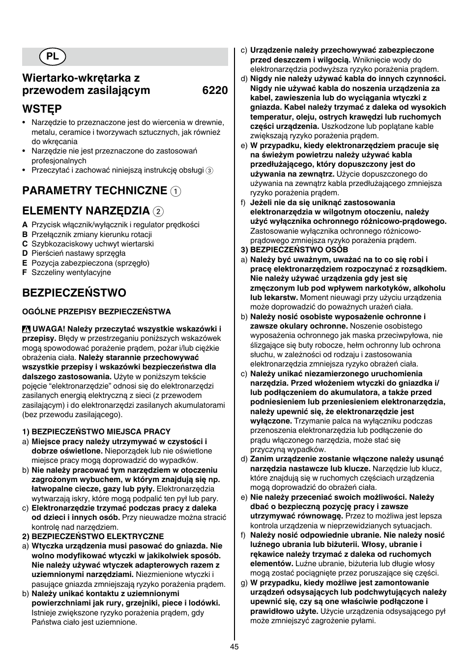 Parametry techniczne 1 elementy narzędzia 2, Bezpieczeństwo | Skil 6220 (F0156220 . . ) User Manual | Page 45 / 100
