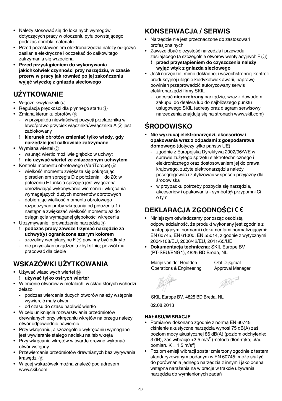 Użytkowanie, Wskazówki użytkowania, Konserwacja / serwis | Środowisko, Deklaracja zgodności | Skil 6220 (F0156220 . . ) User Manual | Page 47 / 100