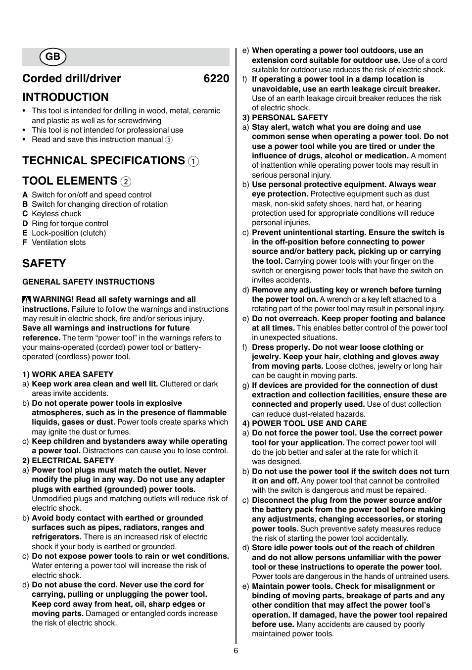 Corded drill/driver 6220 introduction, Technical specifications 1 tool elements 2, Safety | Skil 6220 (F0156220 . . ) User Manual | Page 6 / 100