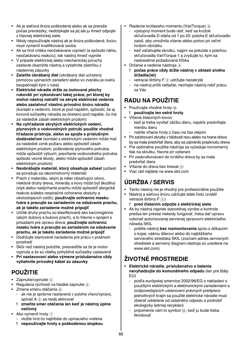 Použitie, Radu na použitie, Údržba / servis | Životné prostredie | Skil 6220 (F0156220 . . ) User Manual | Page 66 / 100