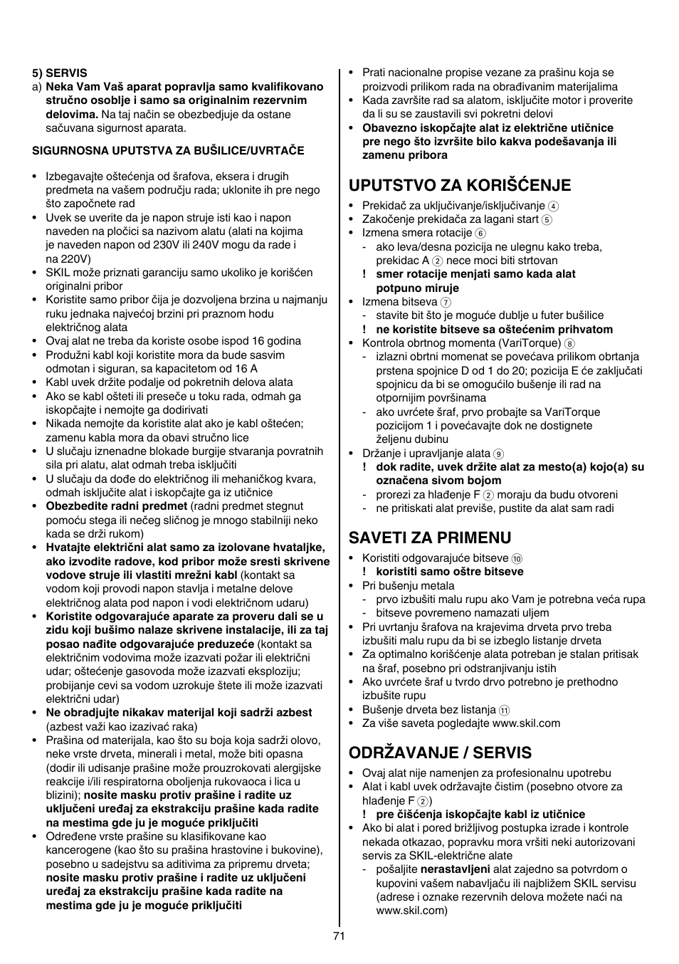 Uputstvo za korišćenje, Saveti za primenu, Održavanje / servis | Skil 6220 (F0156220 . . ) User Manual | Page 71 / 100