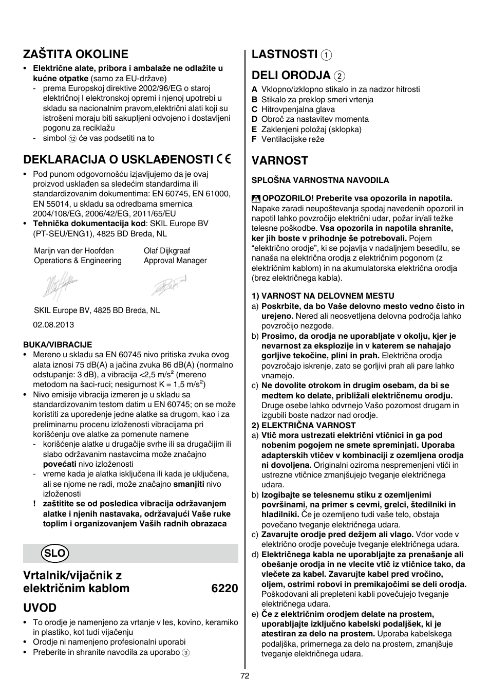 Zaštita okoline, Deklaracija o usklađenosti, Vrtalnik/vijačnik z električnim kablom 6220 uvod | Lastnosti 1 deli orodja 2, Varnost | Skil 6220 (F0156220 . . ) User Manual | Page 72 / 100