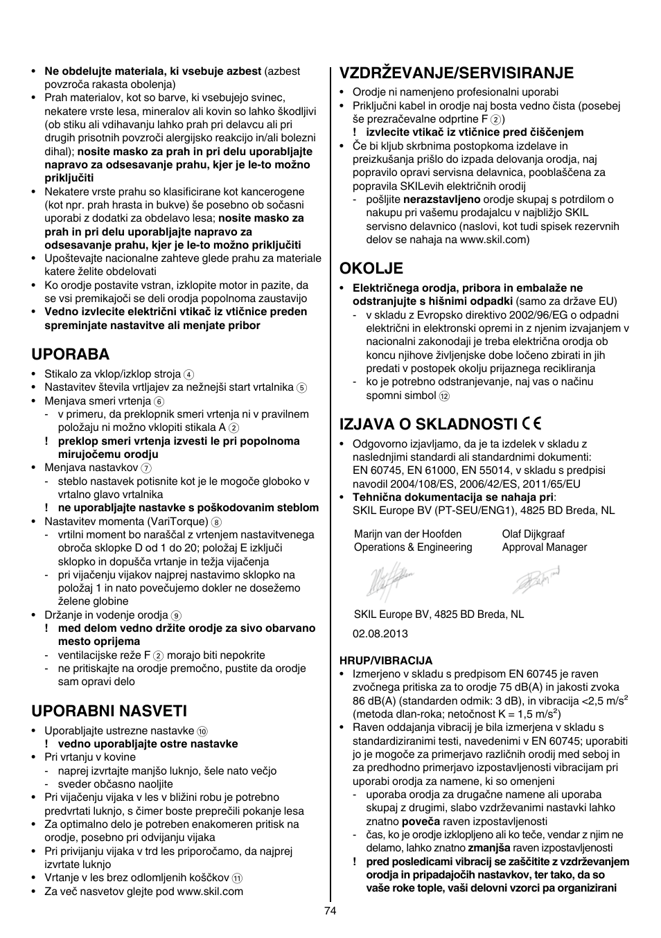 Uporaba, Uporabni nasveti, Vzdrževanje/servisiranje | Okolje, Izjava o skladnosti | Skil 6220 (F0156220 . . ) User Manual | Page 74 / 100