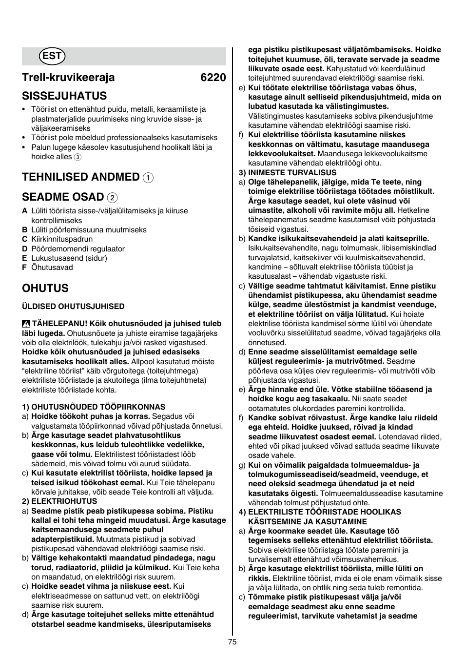 Trell-kruvikeeraja 6220 sissejuhatus, Tehnilised andmed 1 seadme osad 2, Ohutus | Skil 6220 (F0156220 . . ) User Manual | Page 75 / 100