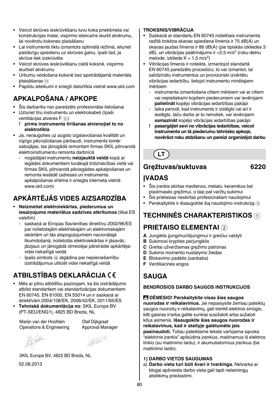 Apkalpošana / apkope, Apkārtējās vides aizsardzība, Atbilstības deklarācija | Gręžtuvas/suktuvas 6220 įvadas, Techninės charakteristikos 1 prietaiso elementai 2, Sauga | Skil 6220 (F0156220 . . ) User Manual | Page 80 / 100