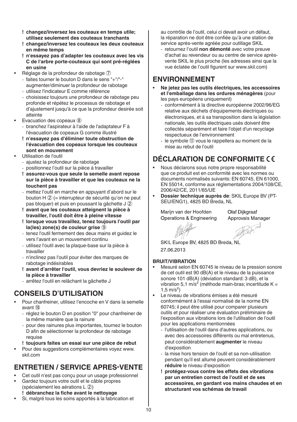 Conseils d’utilisation, Entretien / service apres-vente, Environnement | Déclaration de conformite | Skil 1558 AA User Manual | Page 10 / 104