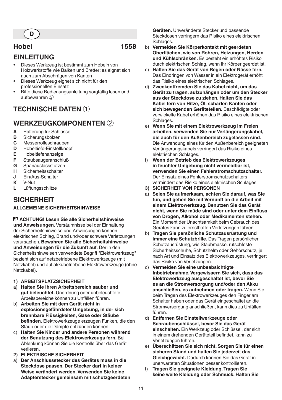 Hobel 1558 einleitung, Technische daten ① werkzeugkomponenten, Sicherheit | Skil 1558 AA User Manual | Page 11 / 104