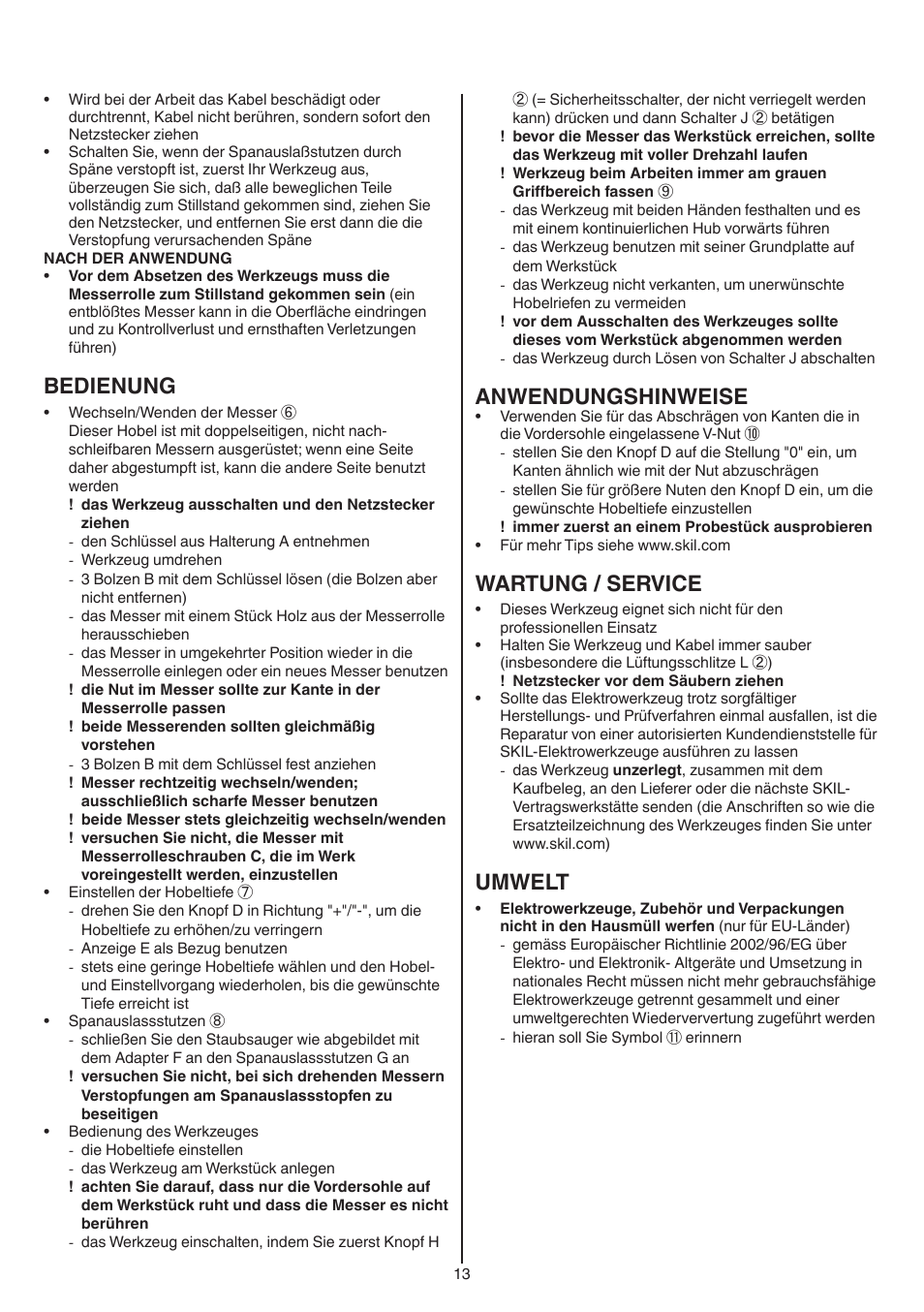 Bedienung, Anwendungshinweise, Wartung / service | Umwelt | Skil 1558 AA User Manual | Page 13 / 104