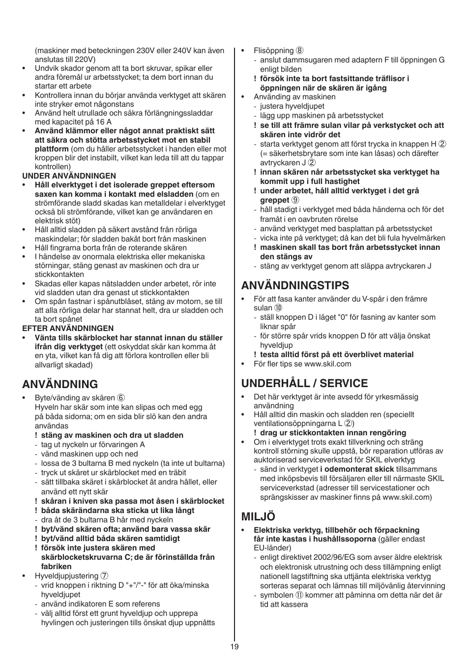 Användning, Användningstips, Underhåll / service | Miljö | Skil 1558 AA User Manual | Page 19 / 104