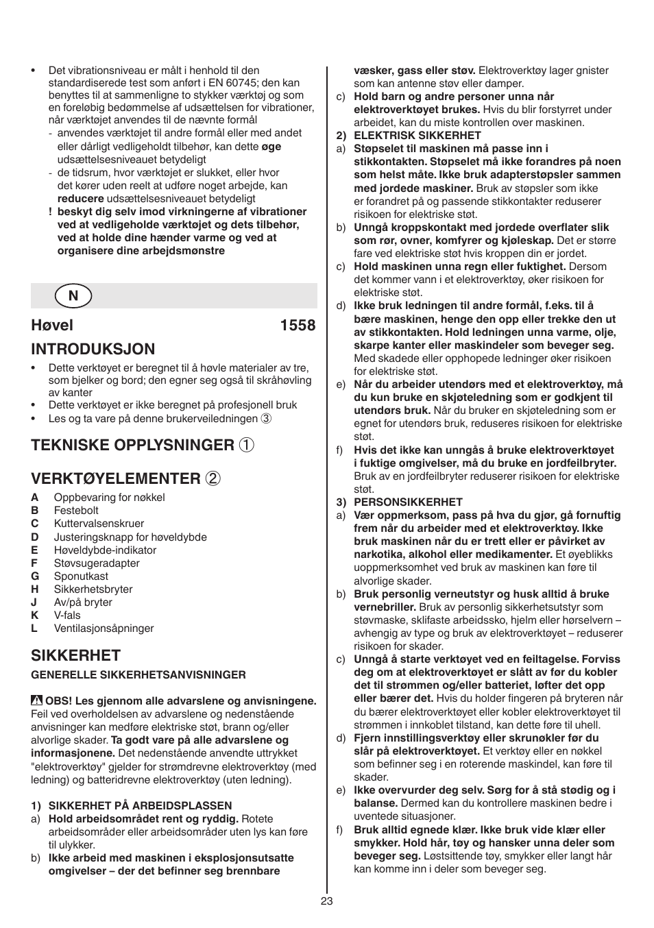 Høvel 1558 introduksjon, Tekniske opplysninger ① verktøyelementer, Sikkerhet | Skil 1558 AA User Manual | Page 23 / 104