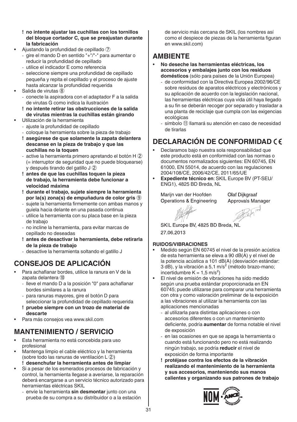 Consejos de aplicación, Mantenimiento / servicio, Ambiente | Declaración de conformidad | Skil 1558 AA User Manual | Page 31 / 104