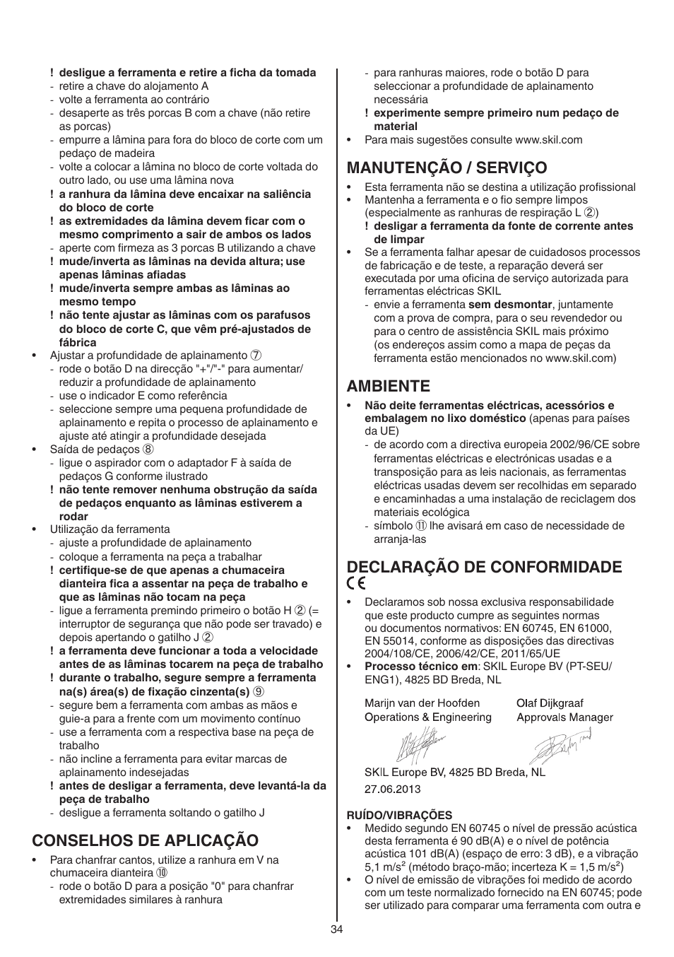 Conselhos de aplicação, Manutenção / serviço, Ambiente | Declaração de conformidade | Skil 1558 AA User Manual | Page 34 / 104