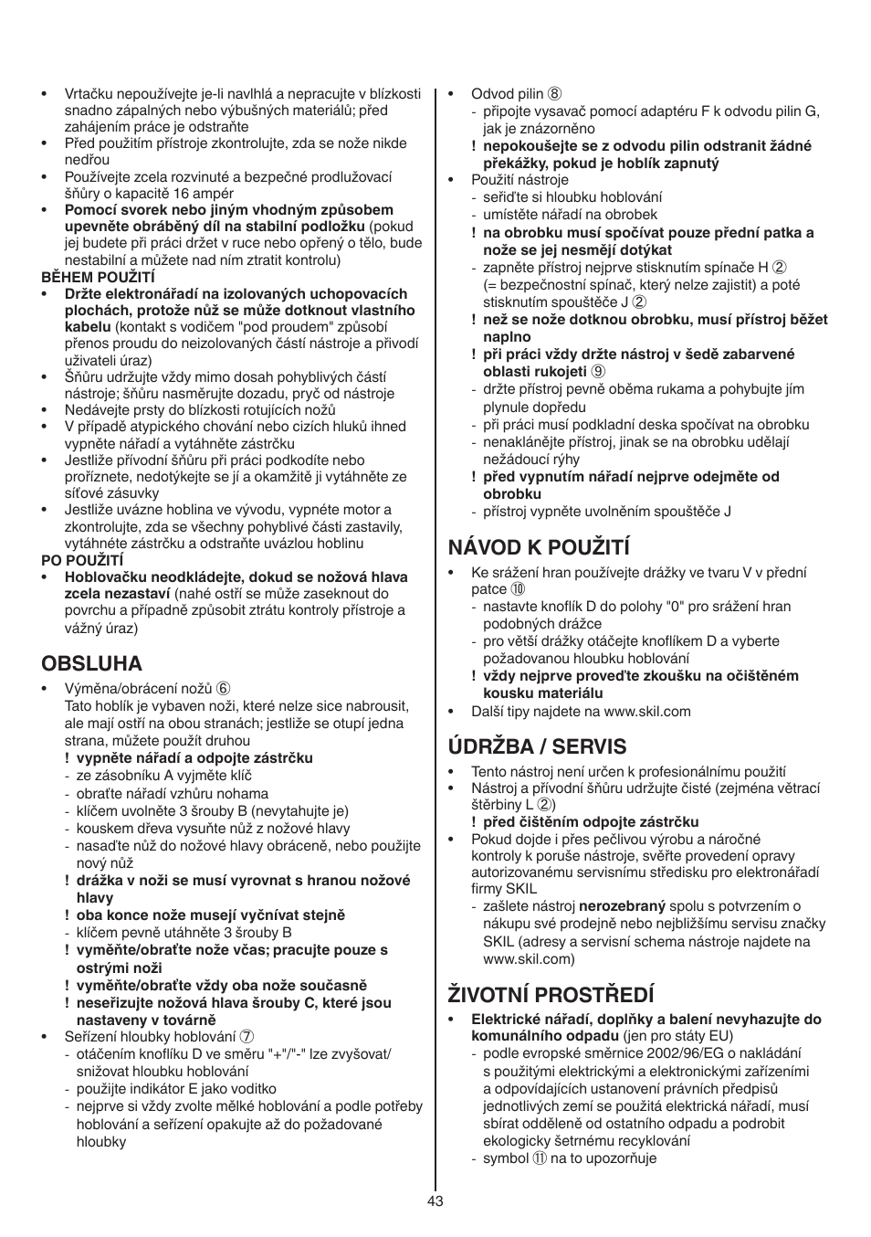 Obsluha, Návod k použití, Údržba / servis | Životní prostředí | Skil 1558 AA User Manual | Page 43 / 104