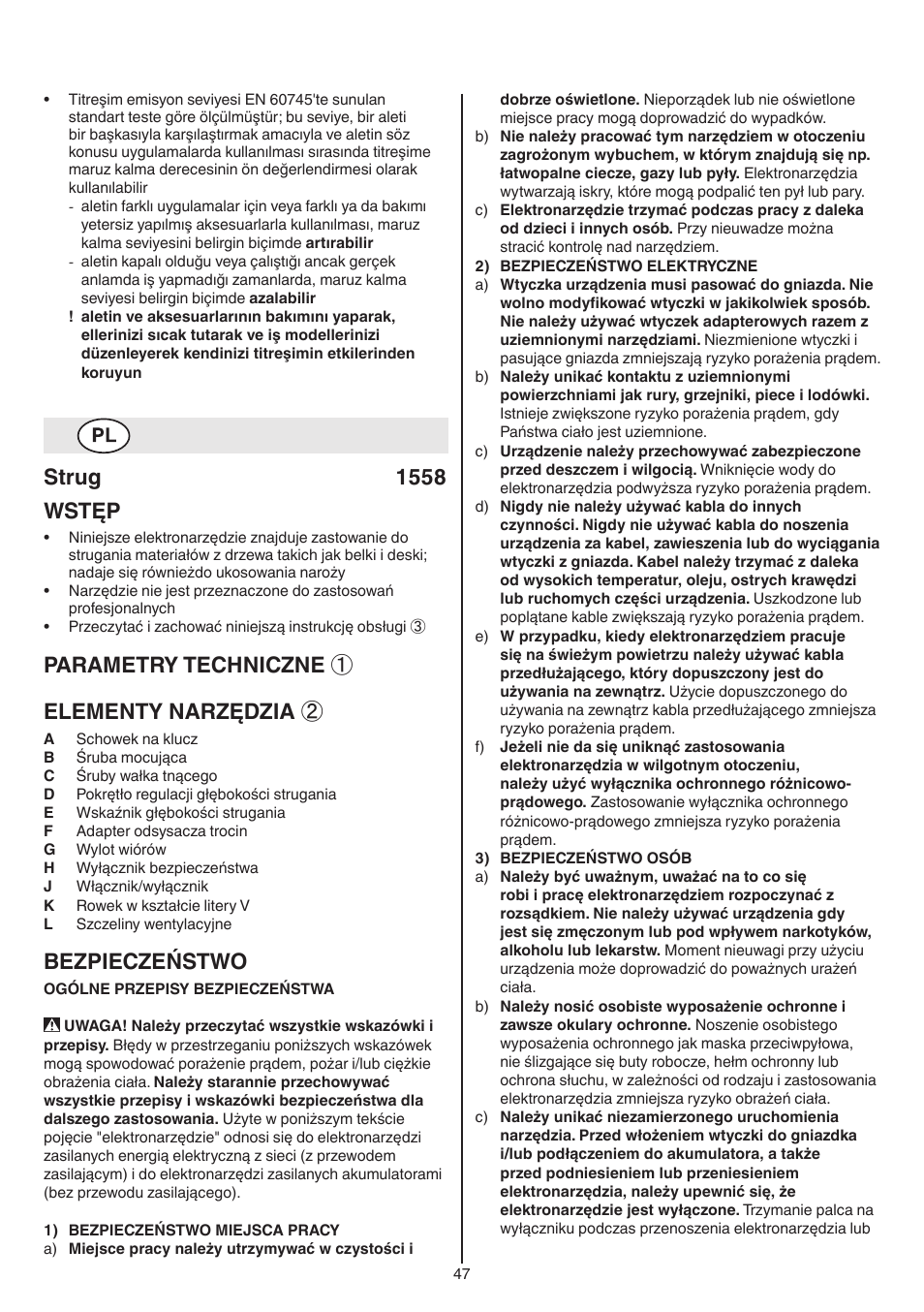 Strug 1558 wstęp, Parametry techniczne ① elementy narzędzia, Bezpieczeństwo | Skil 1558 AA User Manual | Page 47 / 104