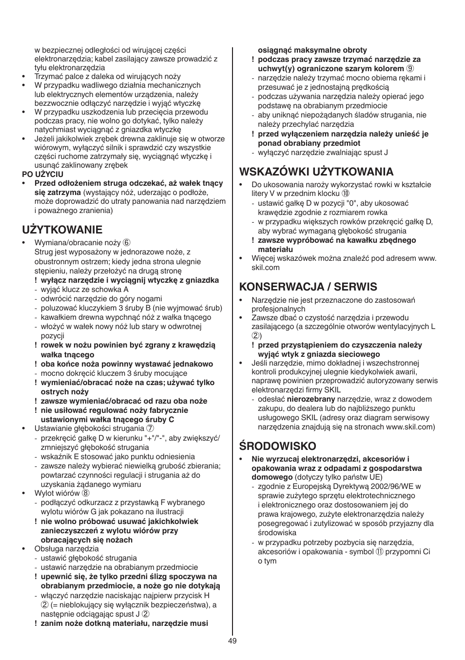 Użytkowanie, Wskazówki użytkowania, Konserwacja / serwis | Środowisko | Skil 1558 AA User Manual | Page 49 / 104