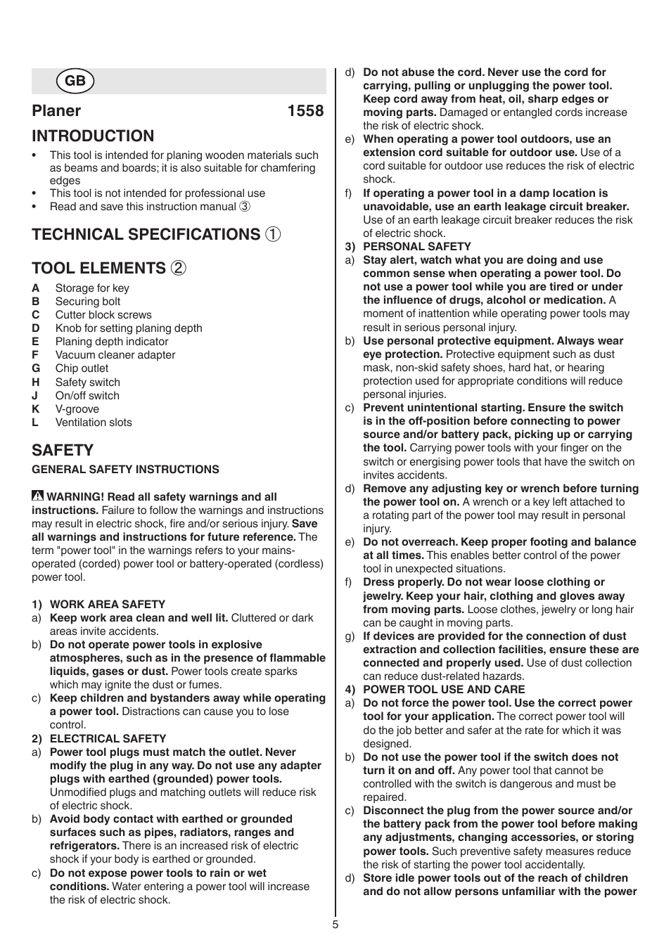 Planer 1558 introduction, Technical specifications ① tool elements, Safety | Skil 1558 AA User Manual | Page 5 / 104