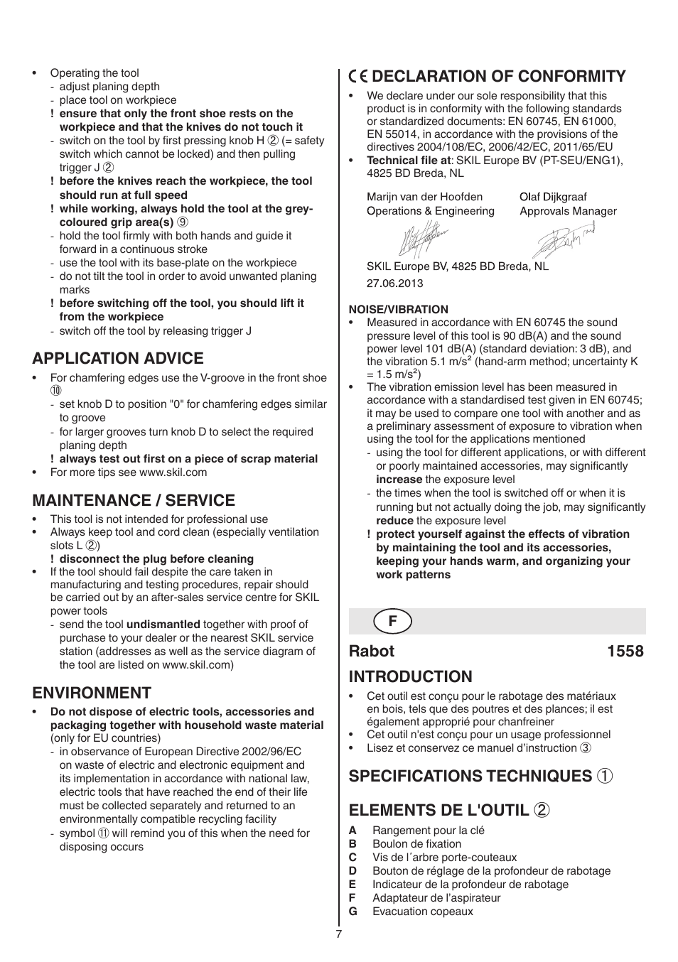 Application advice, Maintenance / service, Environment | Declaration of conformity, Rabot 1558 introduction, Specifications techniques ① elements de l'outil | Skil 1558 AA User Manual | Page 7 / 104