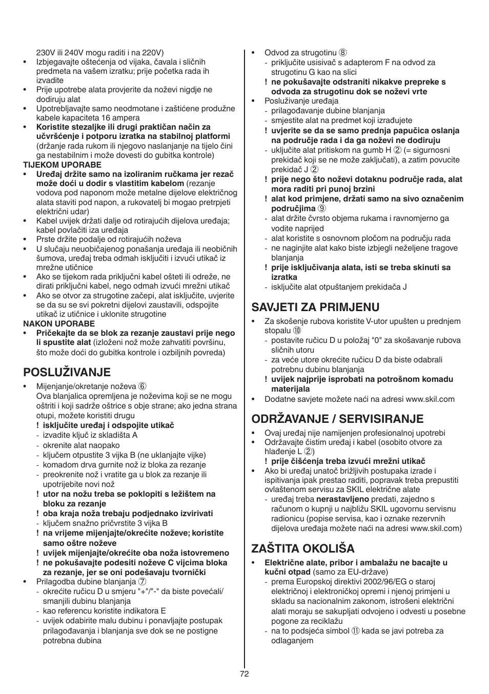 Posluživanje, Savjeti za primjenu, Održavanje / servisiranje | Zaštita okoliša | Skil 1558 AA User Manual | Page 72 / 104