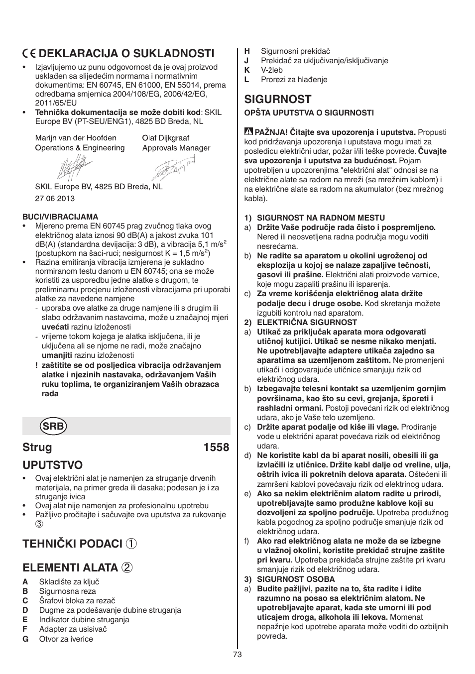 Deklaracija o sukladnosti, Strug 1558 uputstvo, Tehnički podaci ① elementi alata | Sigurnost | Skil 1558 AA User Manual | Page 73 / 104