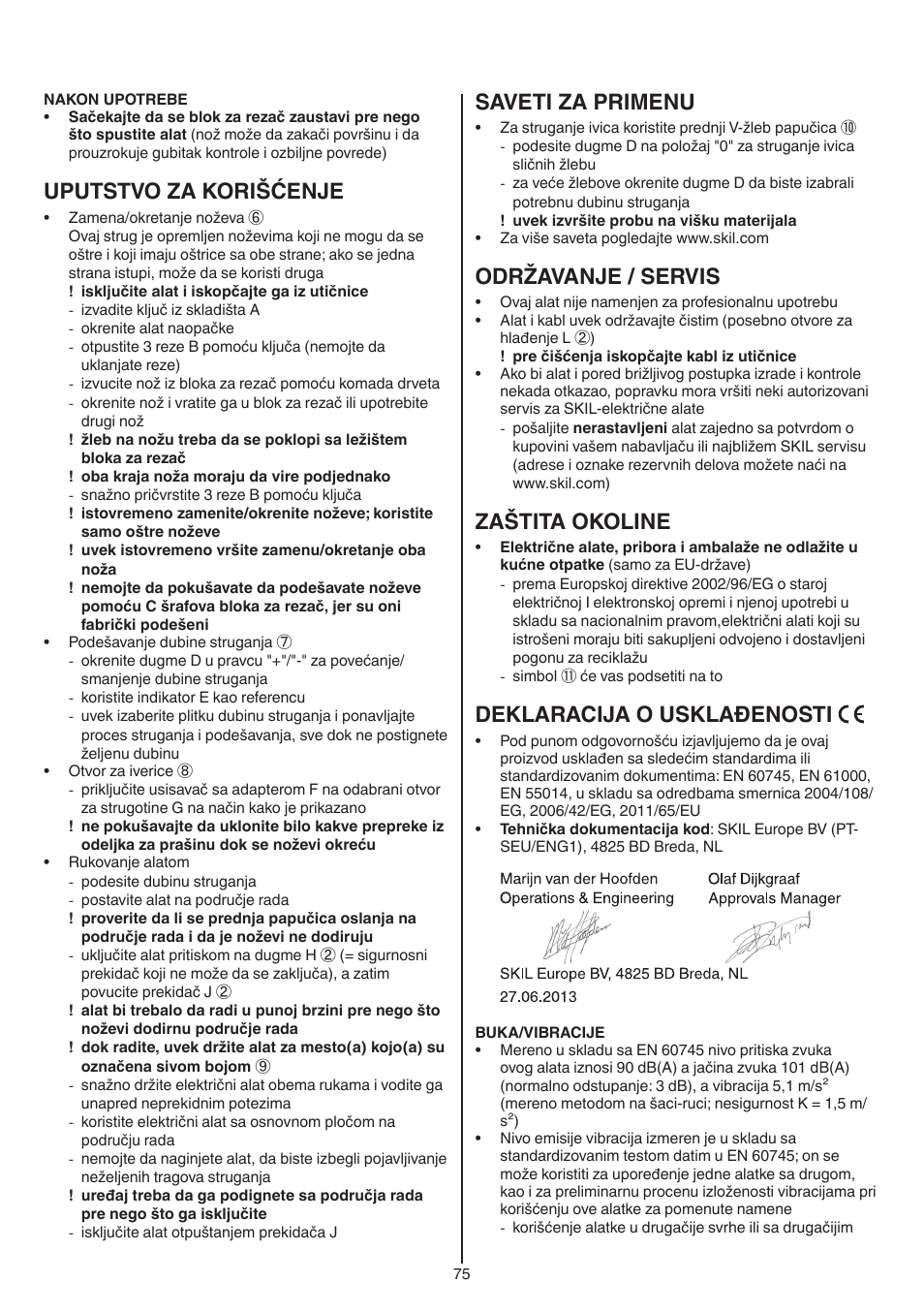 Uputstvo za korišćenje, Saveti za primenu, Održavanje / servis | Zaštita okoline, Deklaracija o usklađenosti | Skil 1558 AA User Manual | Page 75 / 104