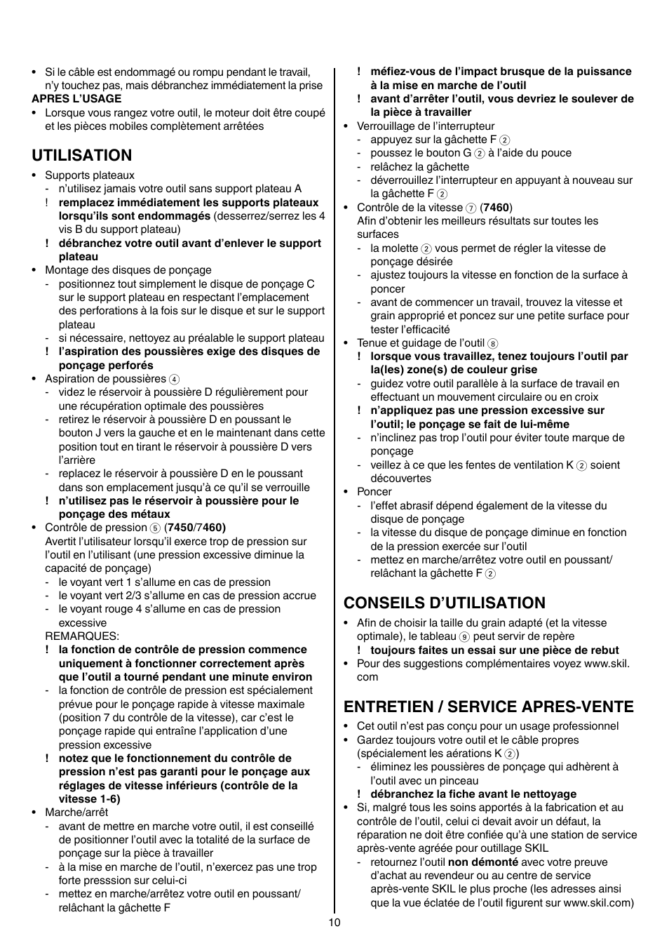 Utilisation, Conseils d’utilisation, Entretien / service apres-vente | Skil 7450 AA User Manual | Page 10 / 112