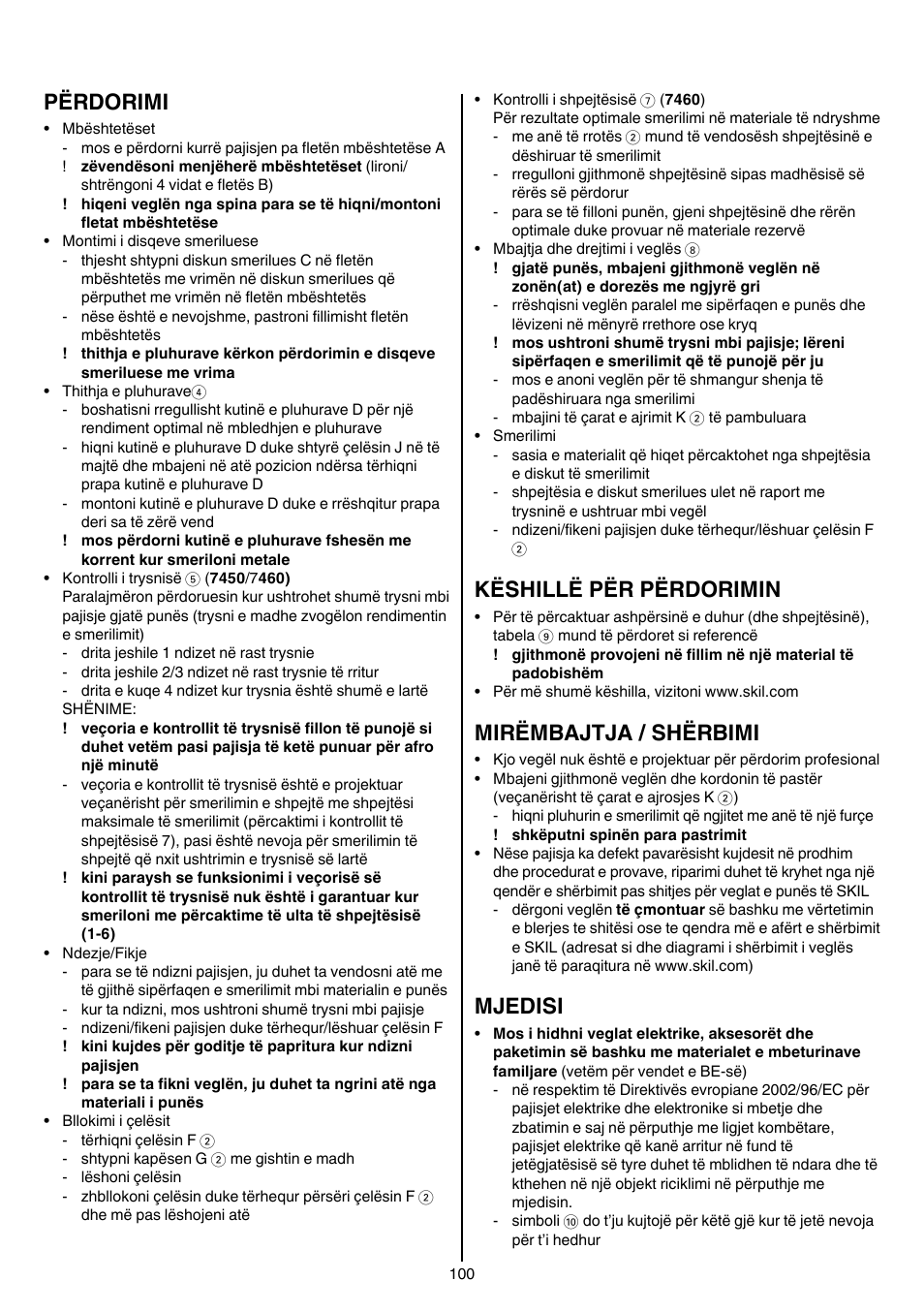 Përdorimi, Këshillë për përdorimin, Mirëmbajtja / shërbimi | Mjedisi | Skil 7450 AA User Manual | Page 100 / 112