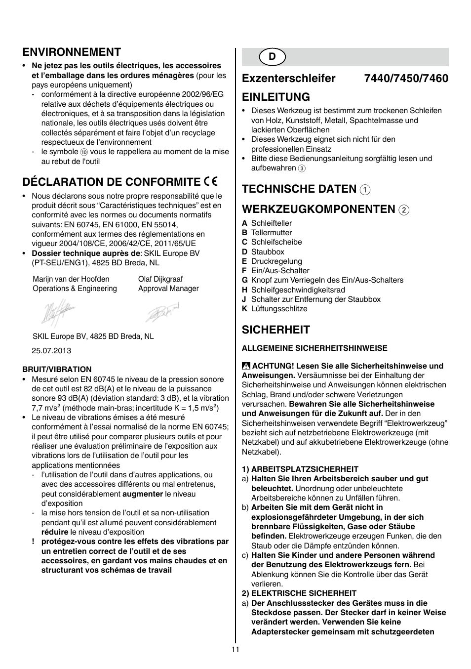 Environnement, Déclaration de conformite, Technische daten 1 werkzeugkomponenten 2 | Sicherheit | Skil 7450 AA User Manual | Page 11 / 112