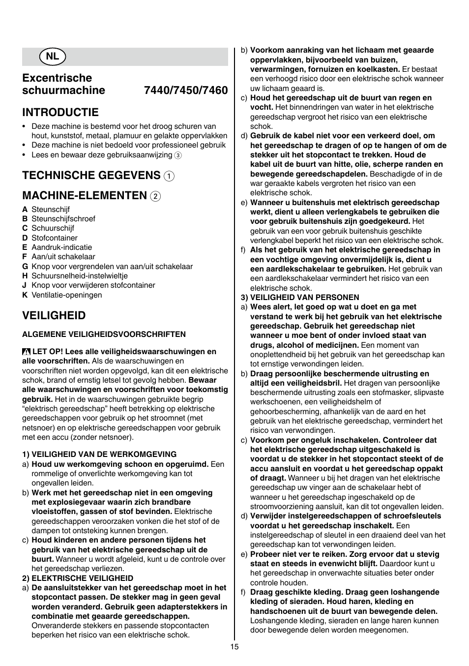 Technische gegevens 1 machine-elementen 2, Veiligheid | Skil 7450 AA User Manual | Page 15 / 112