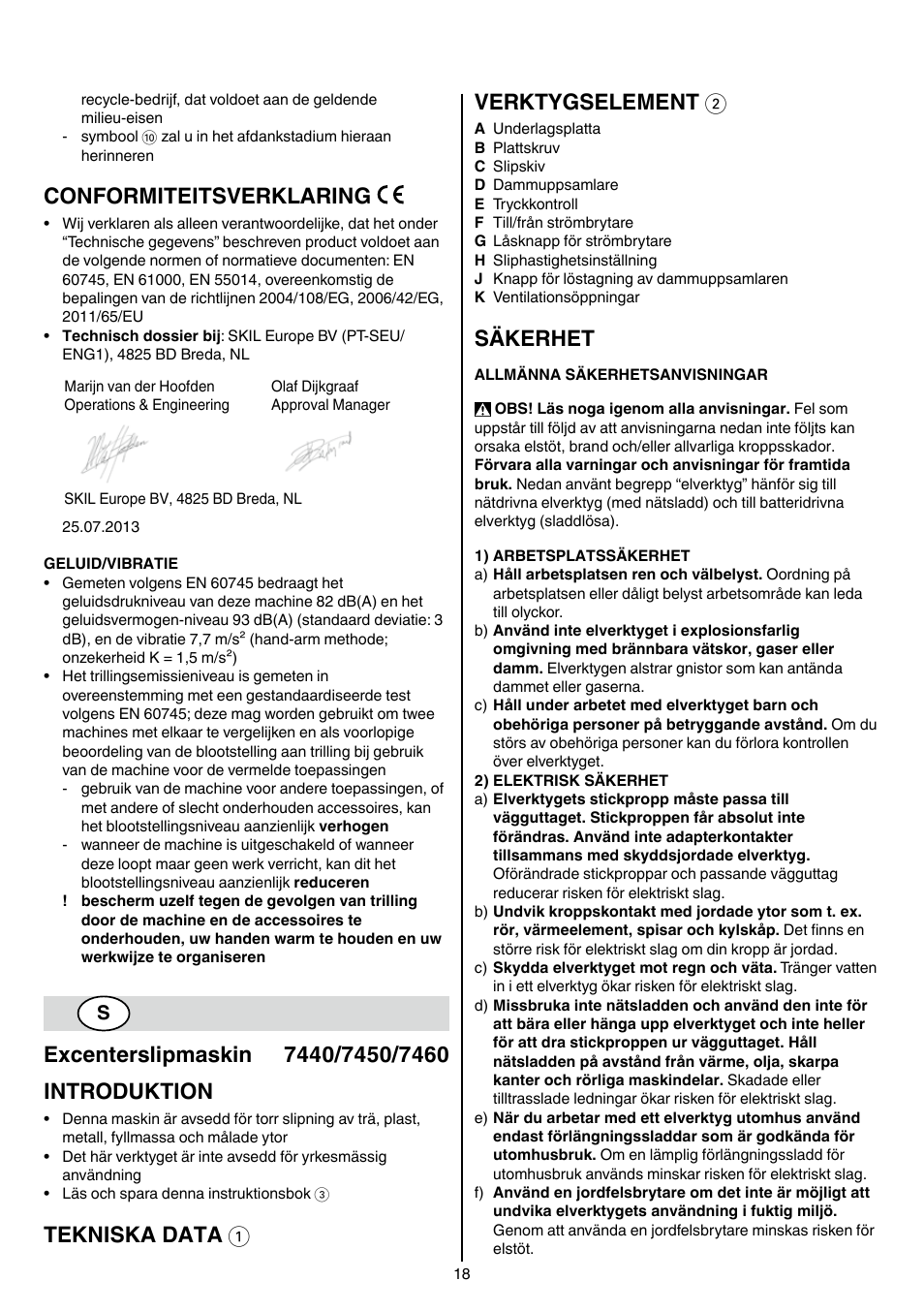 Conformiteitsverklaring, Tekniska data 1 verktygselement 2, Säkerhet | Skil 7450 AA User Manual | Page 18 / 112