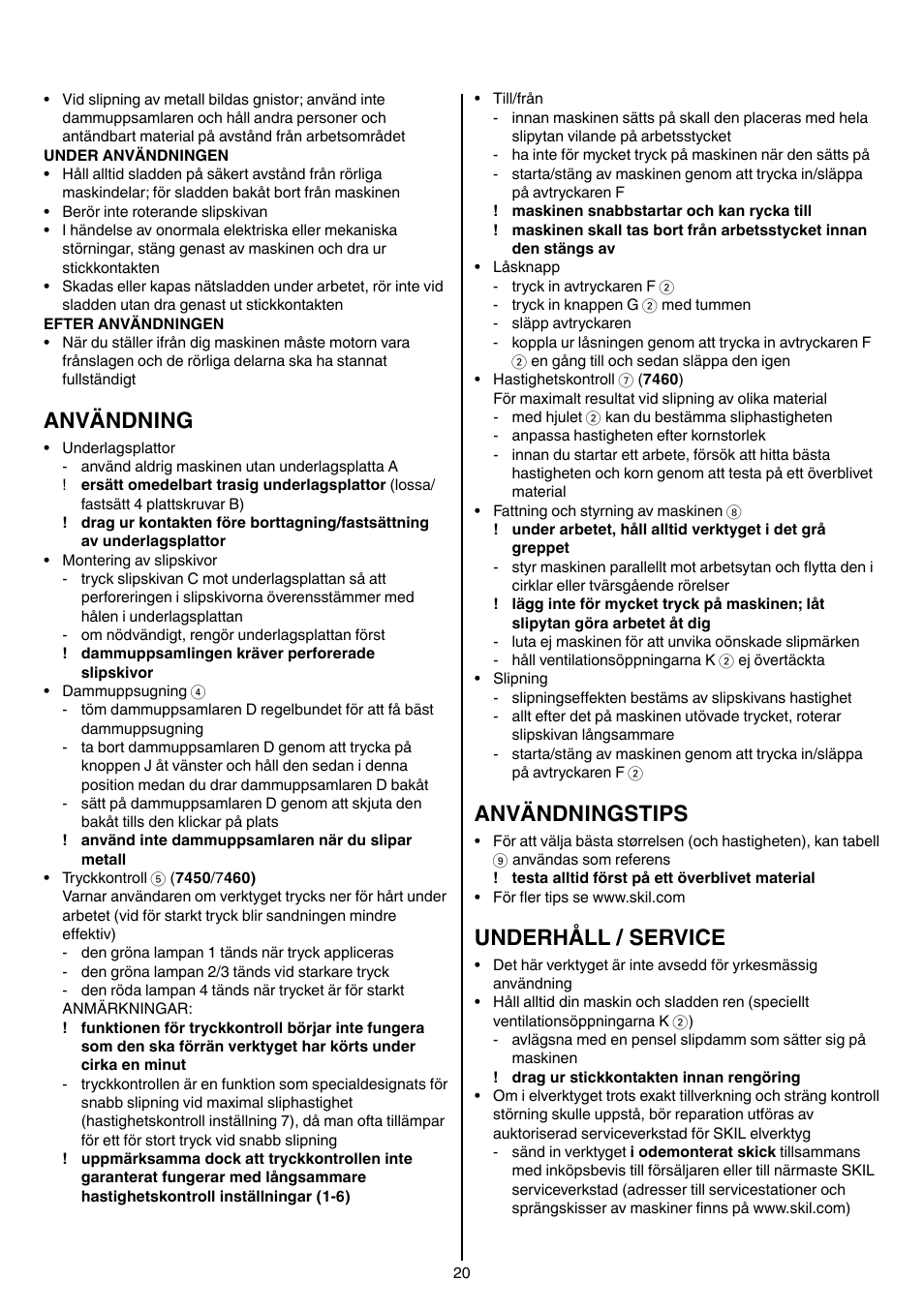 Användning, Användningstips, Underhåll / service | Skil 7450 AA User Manual | Page 20 / 112