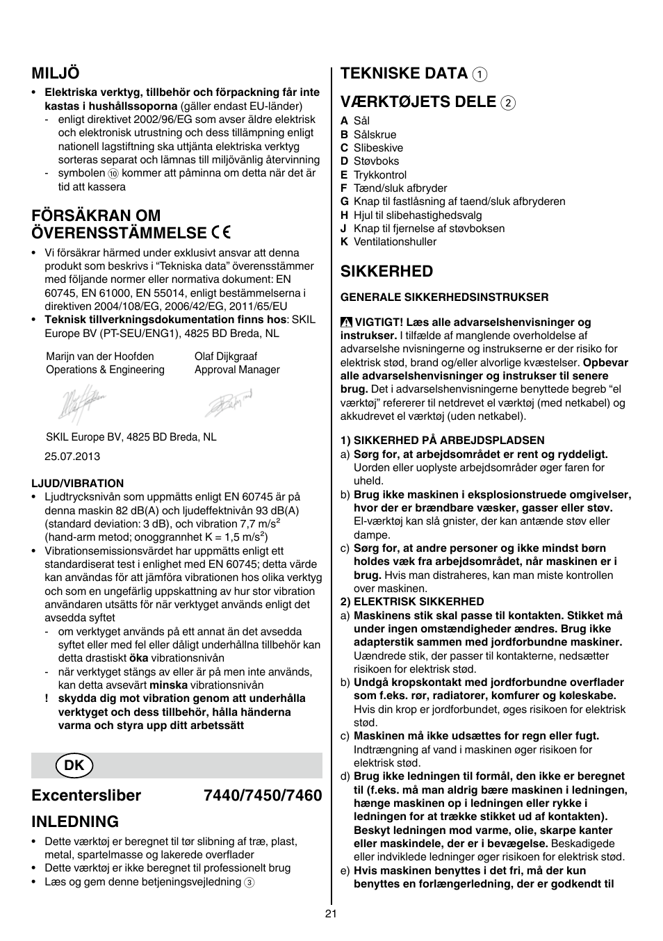 Miljö, Försäkran om överensstämmelse, Tekniske data 1 værktøjets dele 2 | Sikkerhed | Skil 7450 AA User Manual | Page 21 / 112