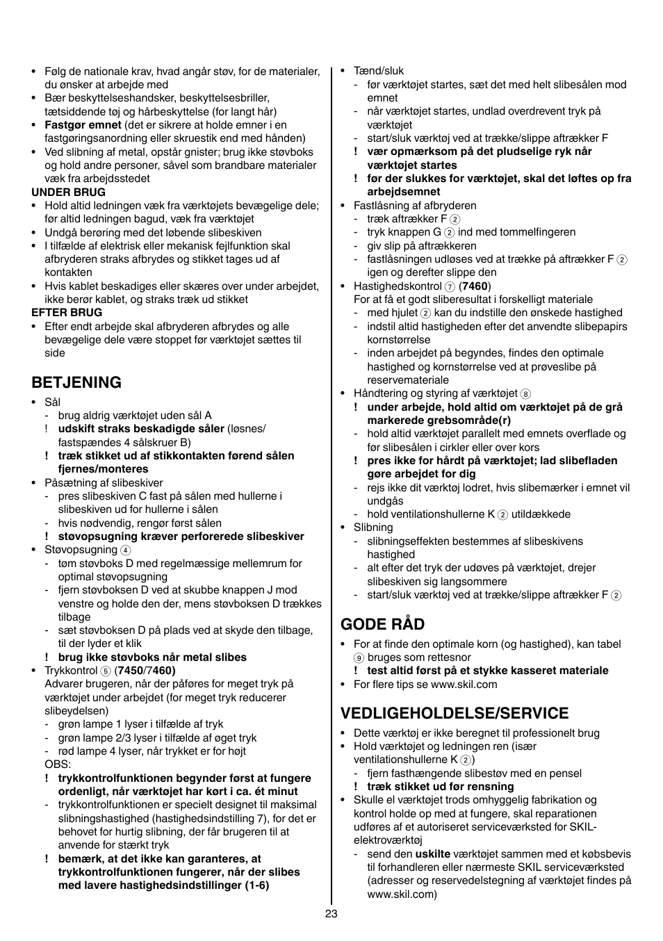 Betjening, Gode råd, Vedligeholdelse/service | Skil 7450 AA User Manual | Page 23 / 112