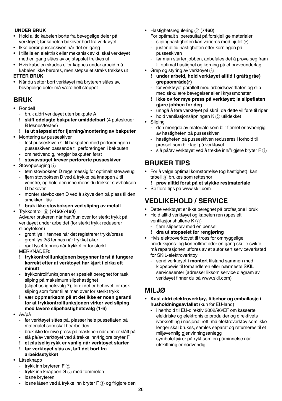 Bruk, Bruker tips, Vedlikehold / service | Miljø | Skil 7450 AA User Manual | Page 26 / 112