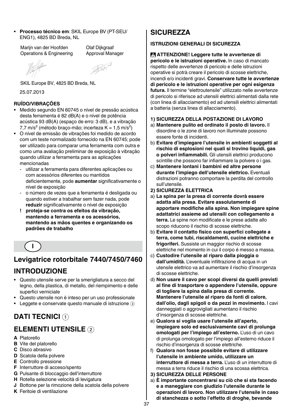 Dati tecnici 1 elementi utensile 2, Sicurezza | Skil 7450 AA User Manual | Page 37 / 112